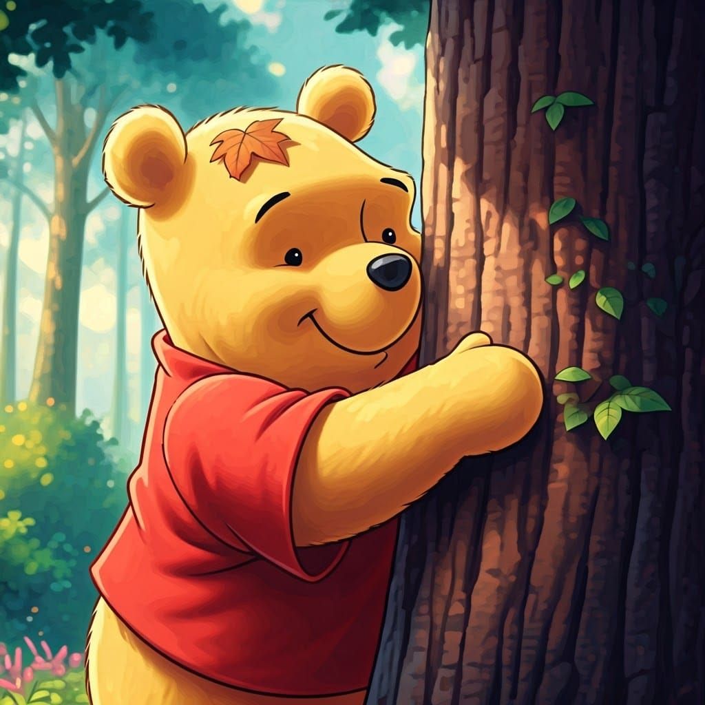 Pooh Bear Embracing Tree in Whimsical Anime Style