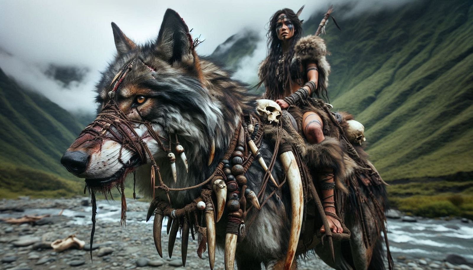 Extreme Closeup Dire Wolf with Warrior Rider