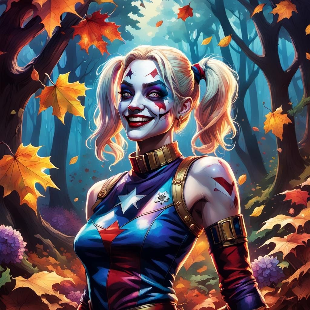 Harley Quinn Laughs in Mystical Woodland Concept Art
