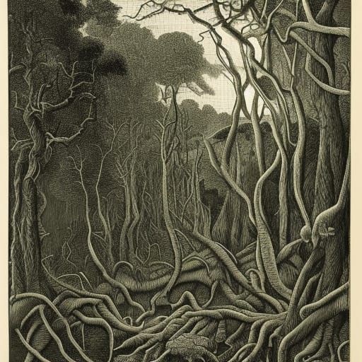 A haunted forest where dark figures gather