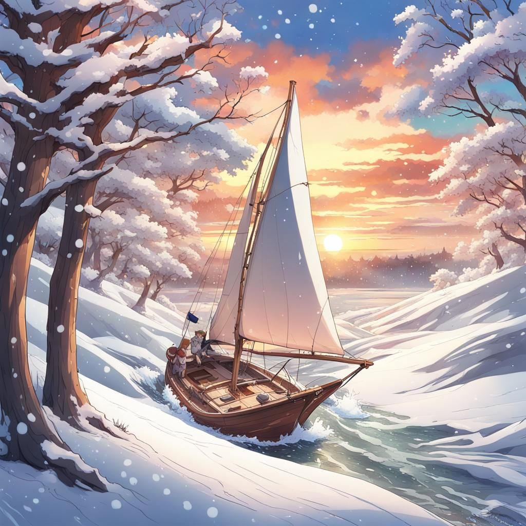Sailboat riding a snow wave like okusai paint at sunset in t...
