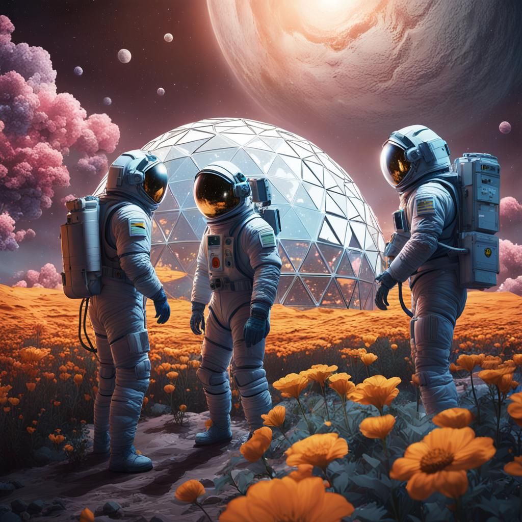 Three men in spacesuits tending to the flowers in a geodesic...