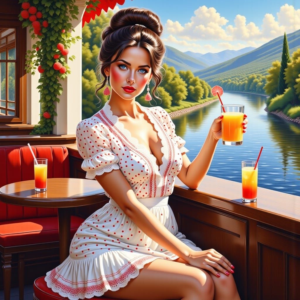 <lora:CuteBeautiesFlux:1.0> stunning woman, short white boho style dress with red dots, ruffles, brown   bun hair, messy,  and drinking a ju...