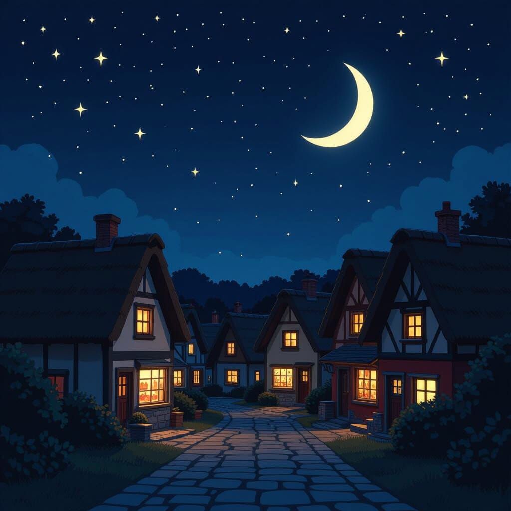 SteppA miniature semi-panoramic art piece showcasing the neighborhood's layout and characteristics at nightfall. Background color is dark bl...