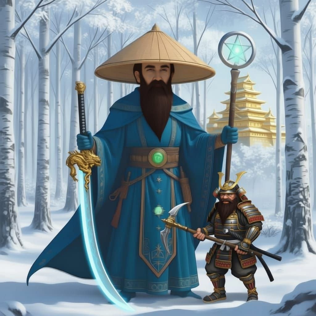 Change the sword on the left side to an unsheathed  curved long sword with a visible glowing blue-silver blade with a gold dragon themed hil...