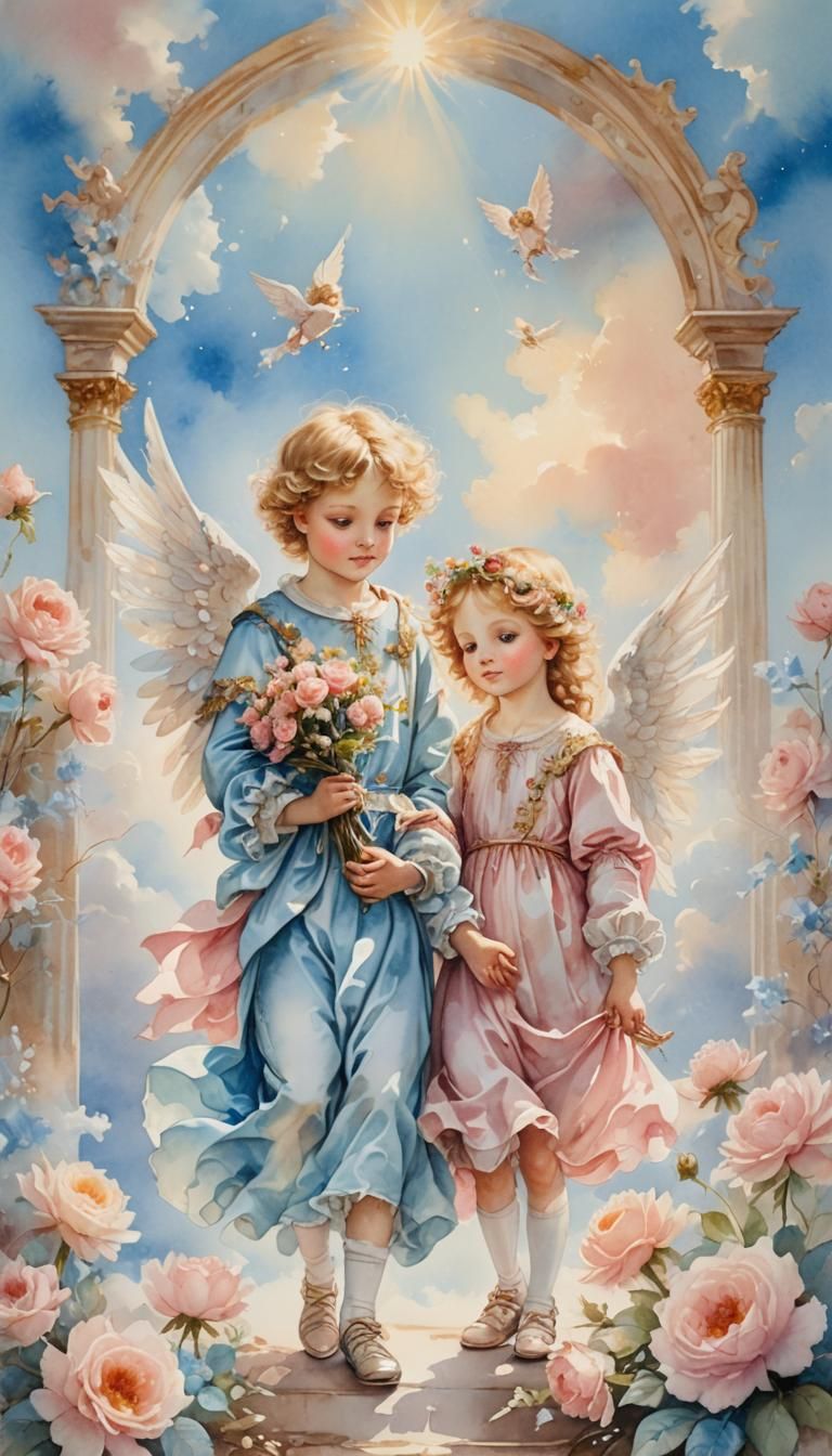 A gentle watercolor painting in a Baroque style featuring tw...
