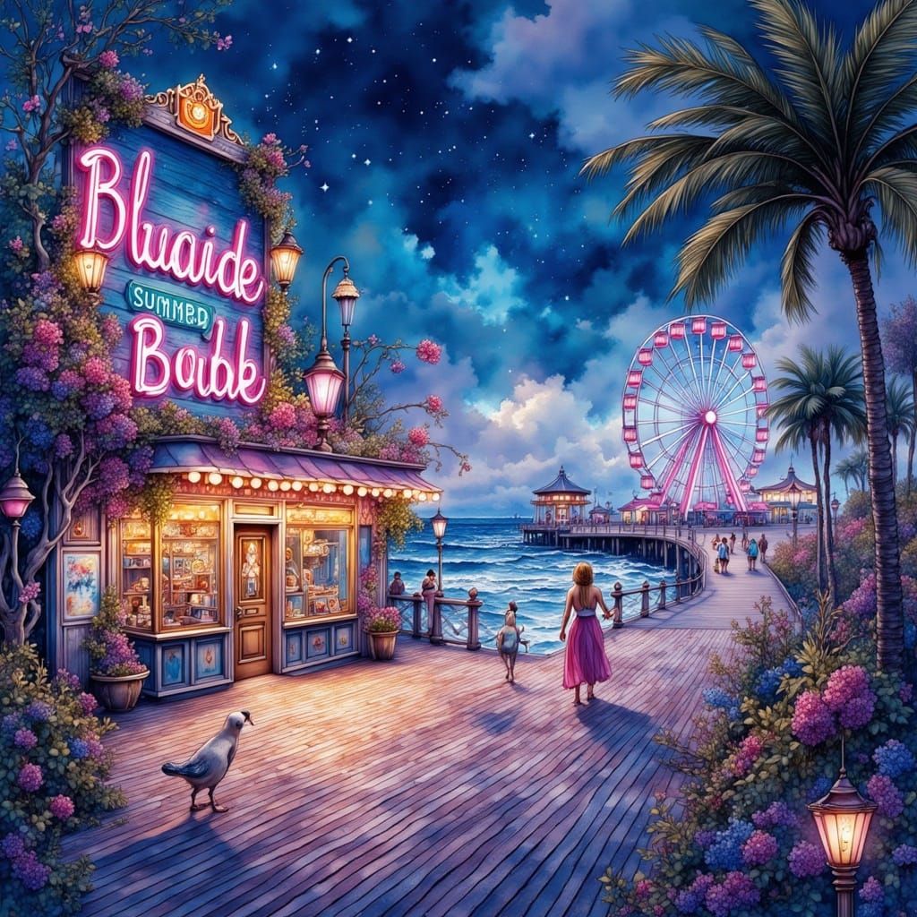 <lora:MrsH Watercolor:1.0> A magical summer night by the sea, with a quiet wooden boardwalk stretching ...  by @FluffWuff