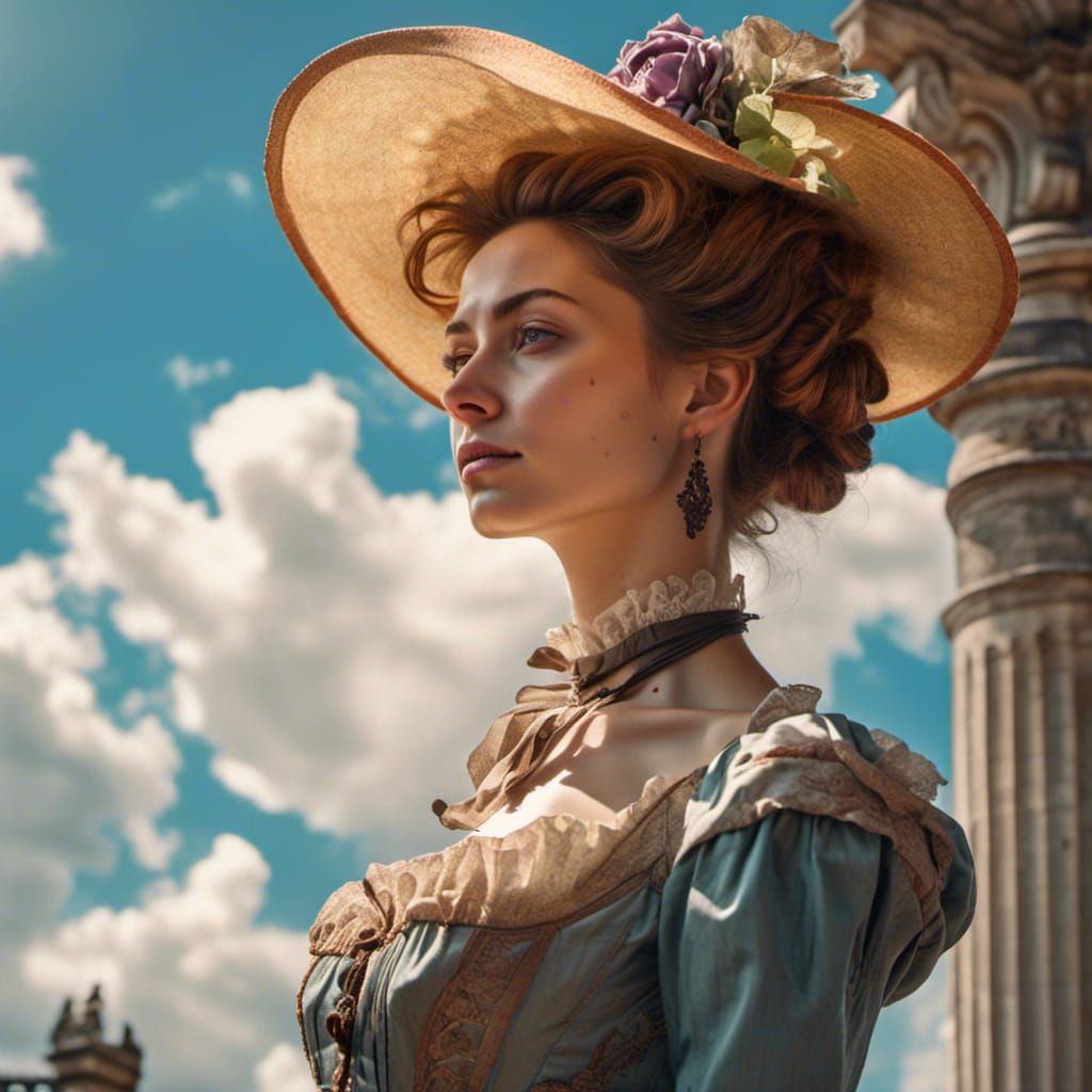 <lora:Black Characters:1.0>elegant victorian lady, sunny day sky, dramatic centered view