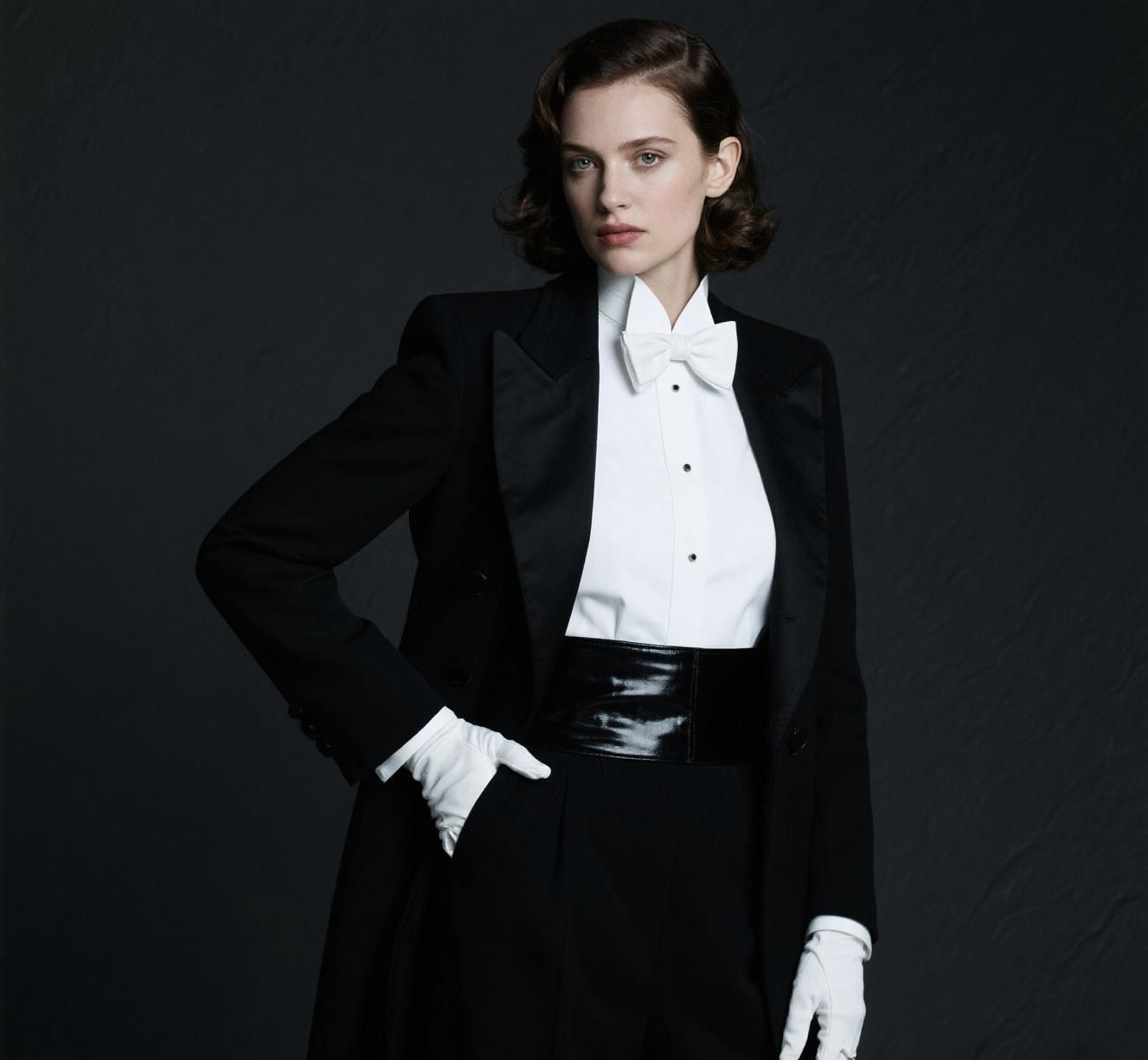 A woman wearing a black tuxedo, a crisp white dress shirt, a white bow tie, white gloves, a full black tuxedo jacket and...