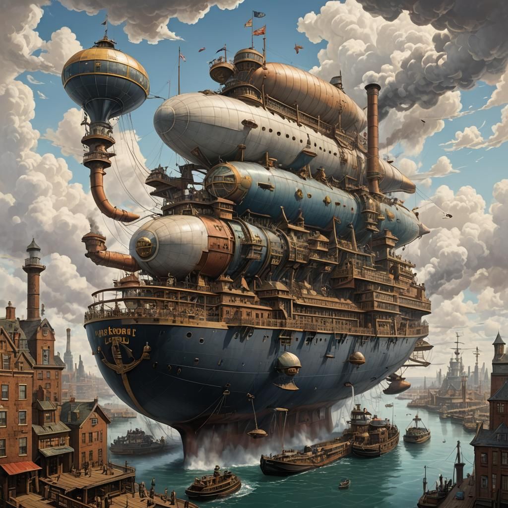 A colossal airborne whimsical blimp and steamship.
