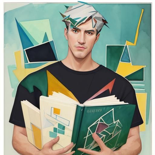 Man Holding Books in Watercolor Cubist Art Deco Style