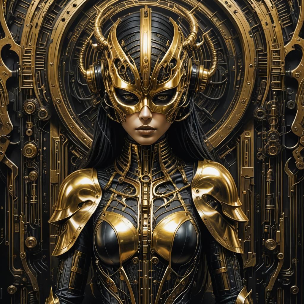 Hyperrealistic,  golden gothic cyberpunk masked woman  conce...