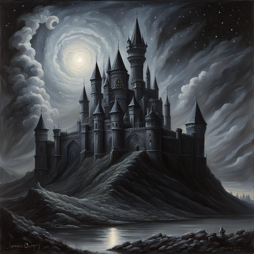 renaissance painting of a gothic, monochromatic castle with a dark nebula in the sky  by @jnatas