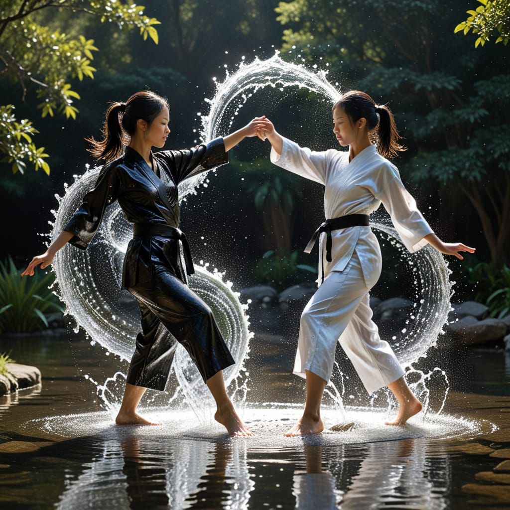 A stream of clear, sparkling water arcs from a fountain, splitting midair to form two female martial ...  by @Gettafix
