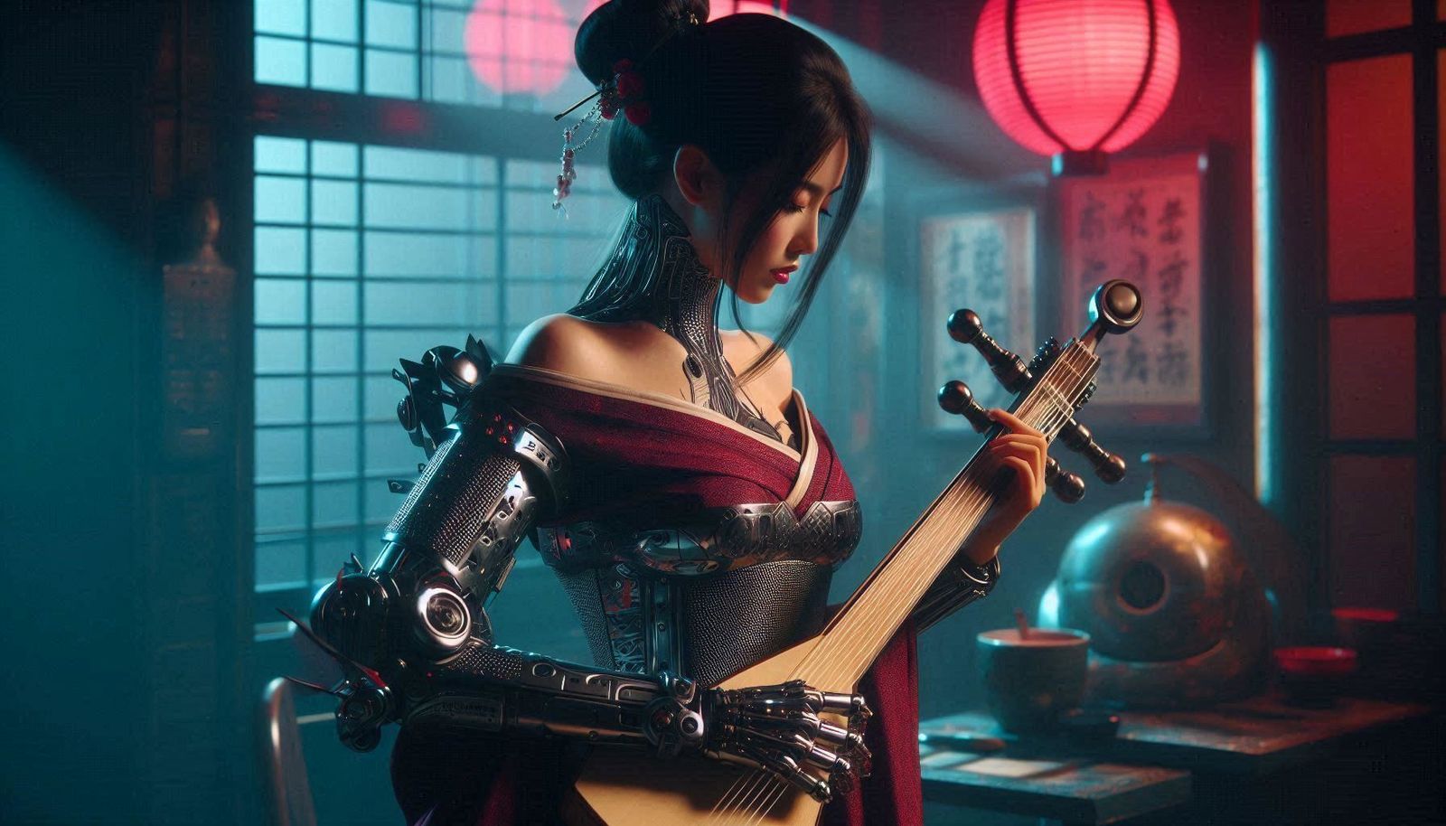 Cyborg Shamisen CyberGeishamurai Playing a Tune  by @EternaSky