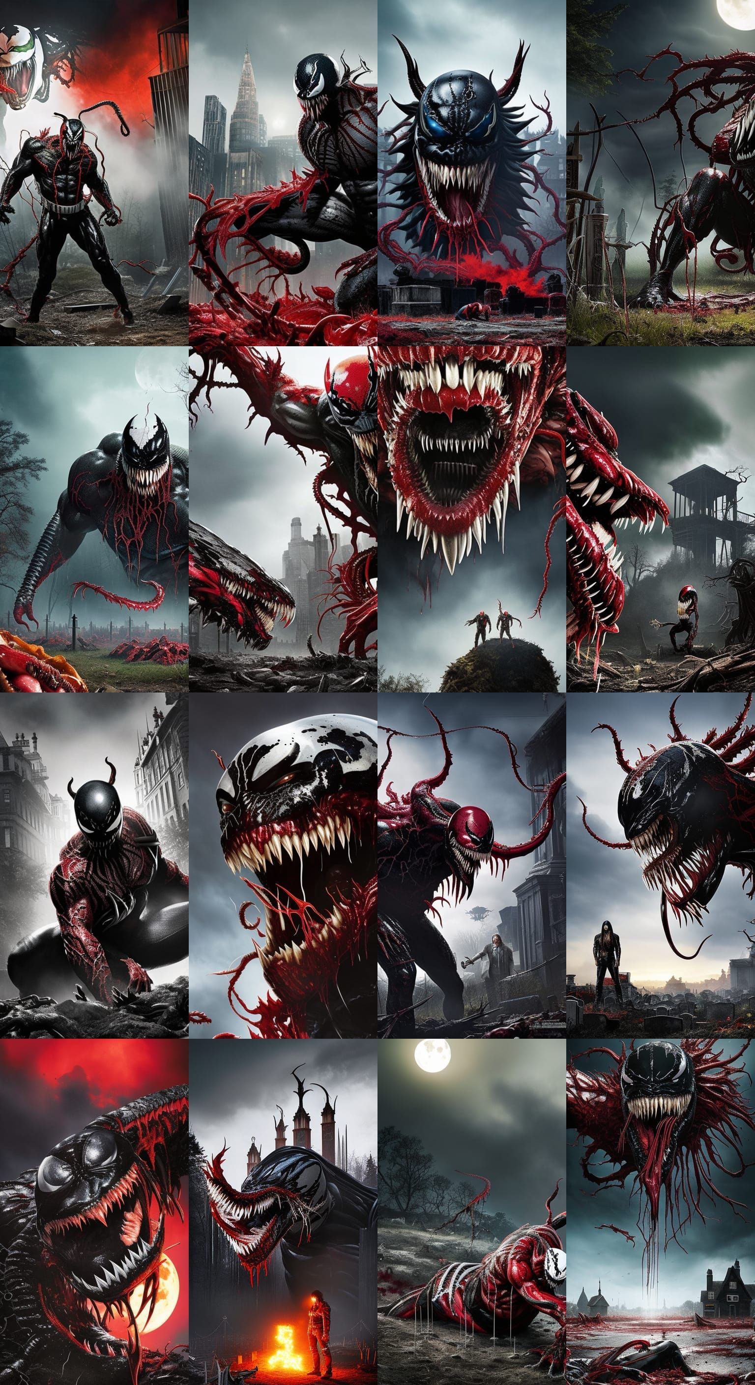 /imagine Venom fighting Carnage at a dark grave yard during ...