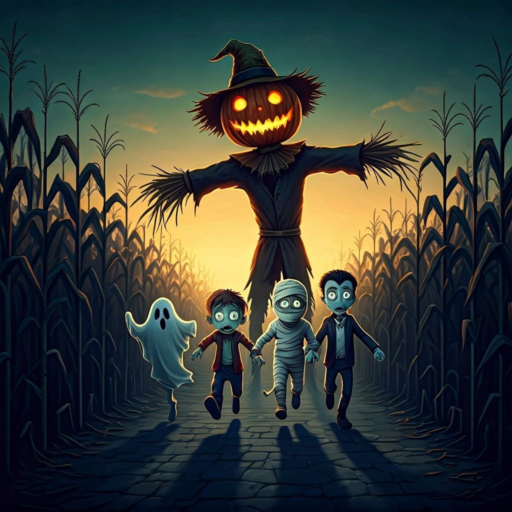 Setting is an old dead cornfield maze. Street view camera. Young Halloween monsters, a ghost, a mummy, a zombie and a vampire run scared tow...