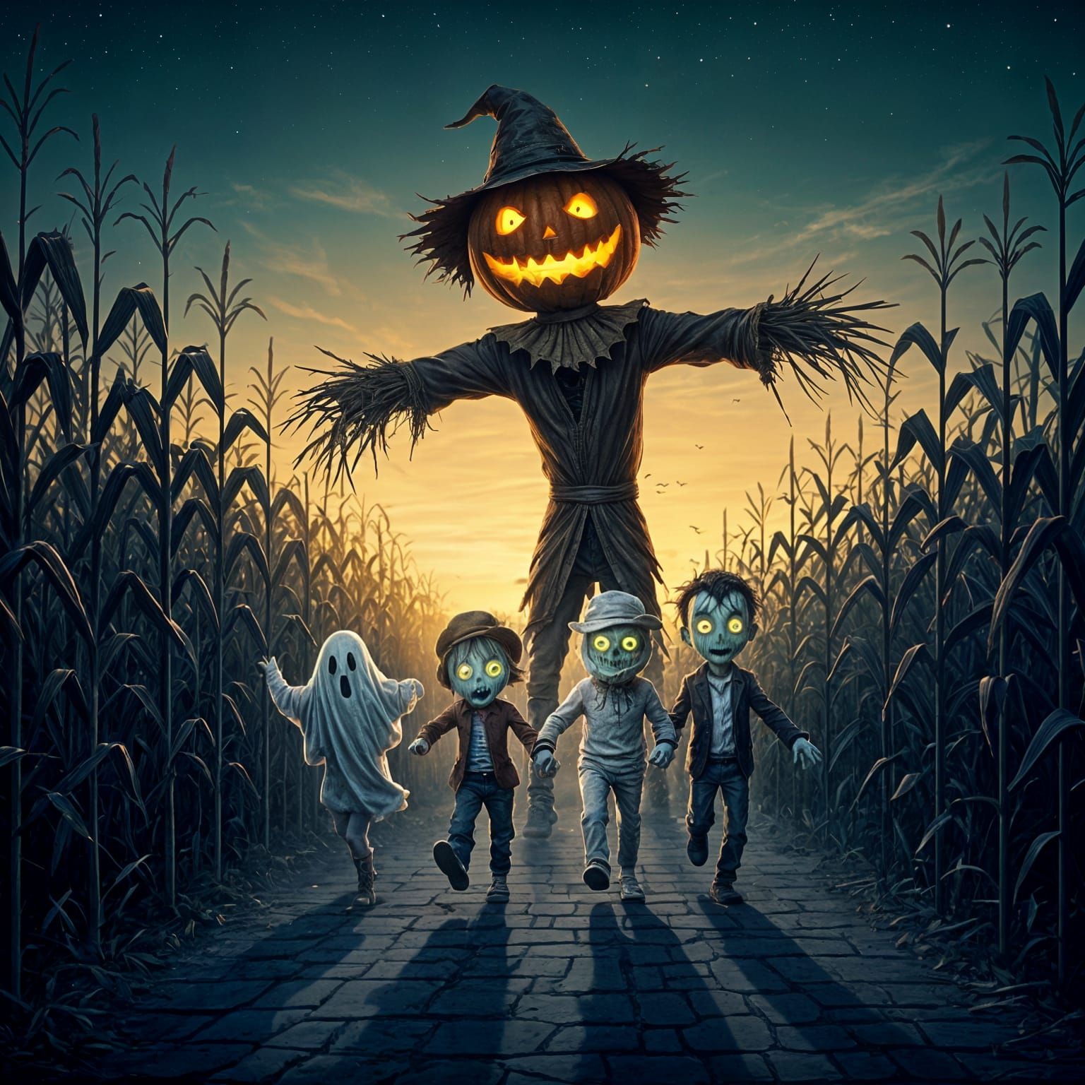 Setting is a haunted corn maze and pumpkin patch.  Low thick misty path. Glowing eyes in there dark between the corn stalks. Pumpkin headed ...
