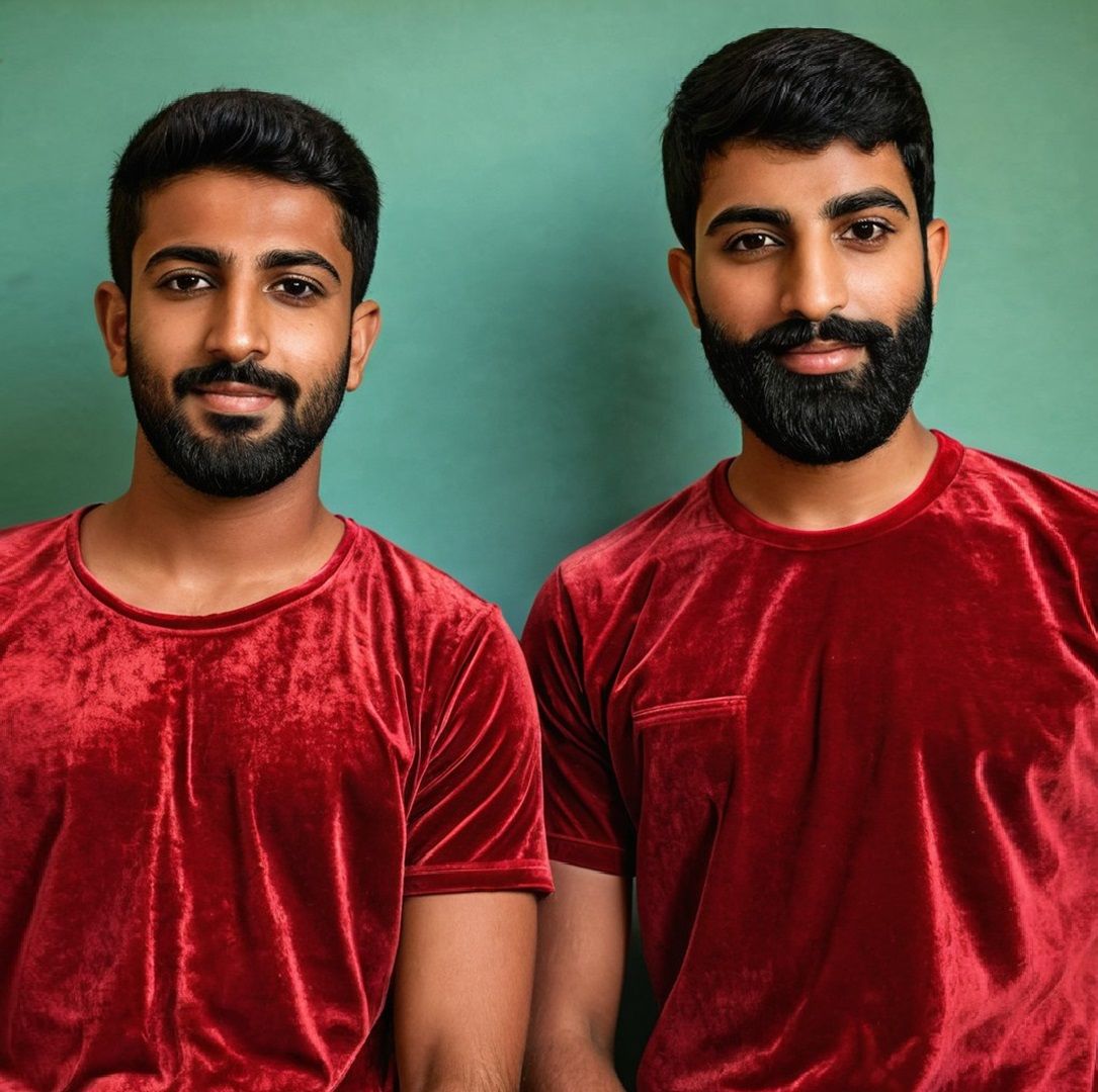Two bearded men wearing red velvet T-shirts