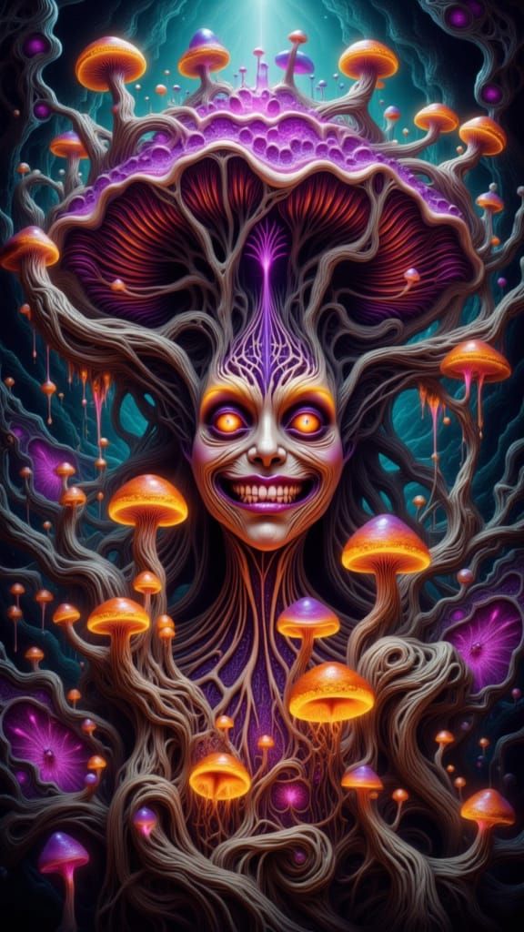 Surreal Portrait of Woman Eating Luminous Mushrooms