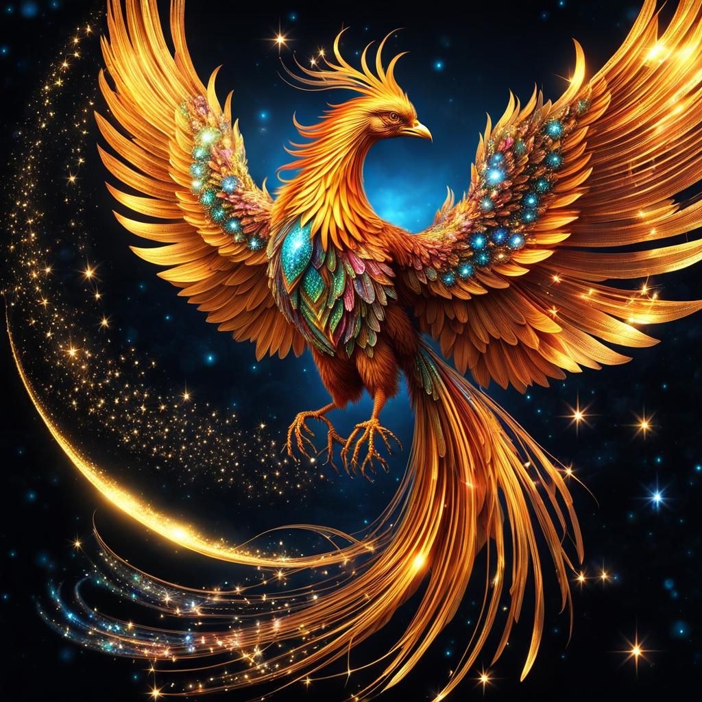 The beautiful divine magical phoenix bird, opens its sparkli...