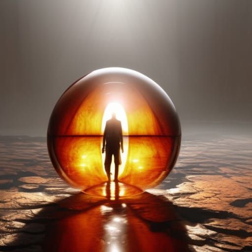 amber orb with a shadow human trapped inside reflecting sunl...