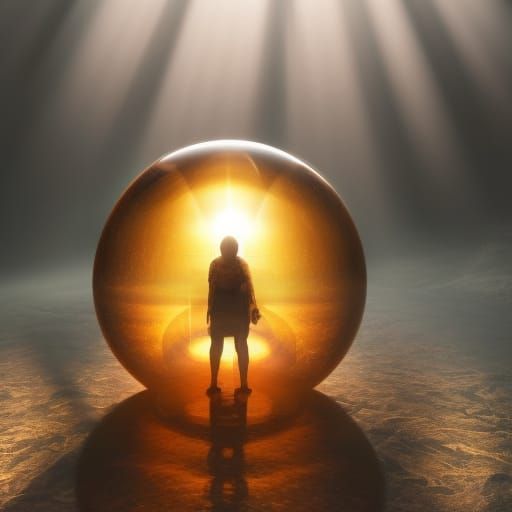 amber orb with a shadow human trapped inside reflecting sunl...