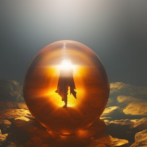 amber orb with a shadow human trapped inside reflecting sunl...