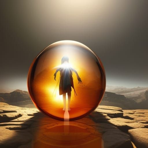 amber orb with a shadow human trapped inside reflecting sunl...