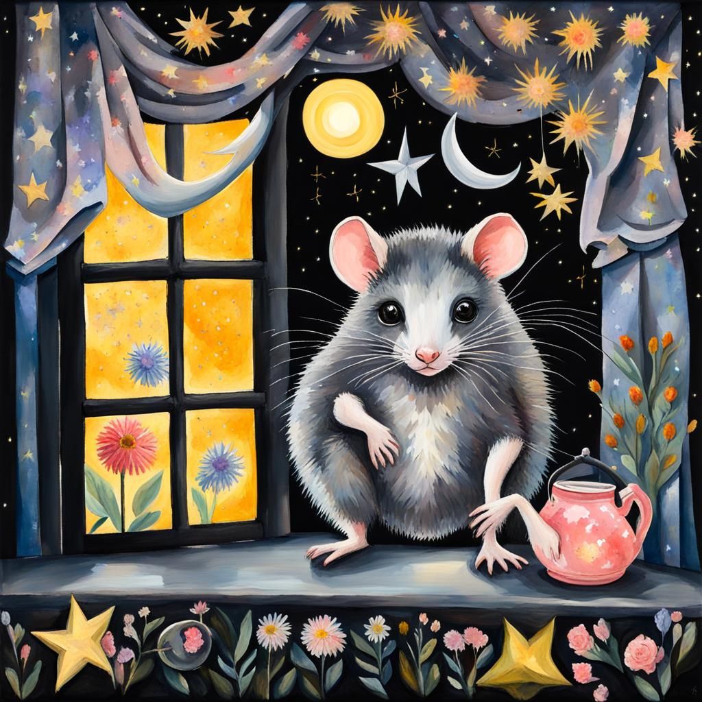 Surreal Possum Scene in Impressionist Gouache Style