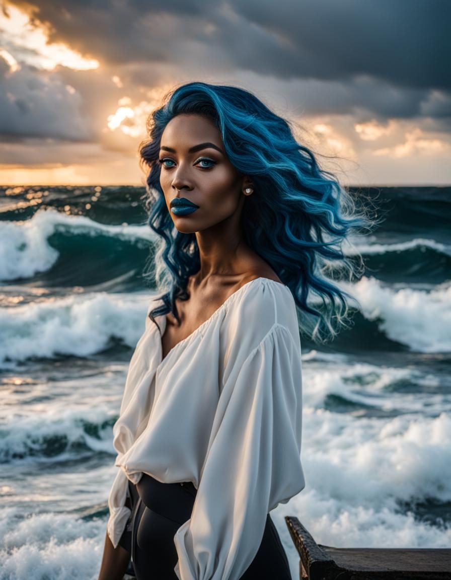 Beautiful back woman with blue hair in front of the ocean