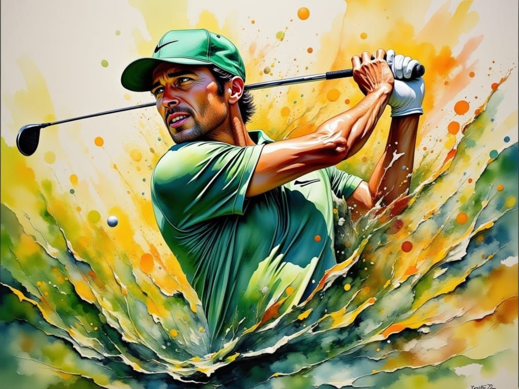 abstract impasto heavy brushstroke sketch. adult male in masters green cap driving golf ball. motion blur. dynamic action. <lora:Active Athl...