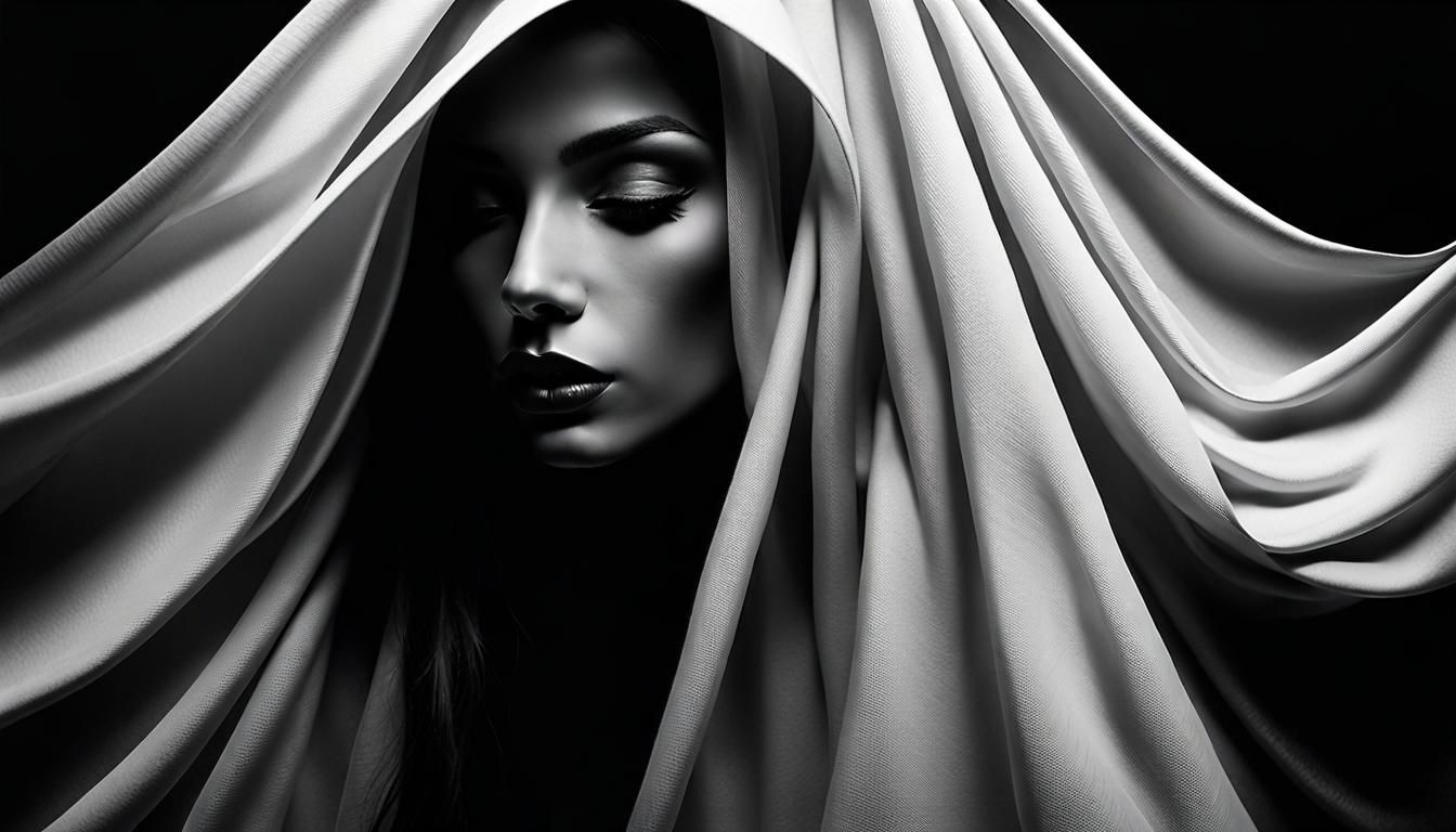 Enigmatic Woman in Flowing Fabric on Black