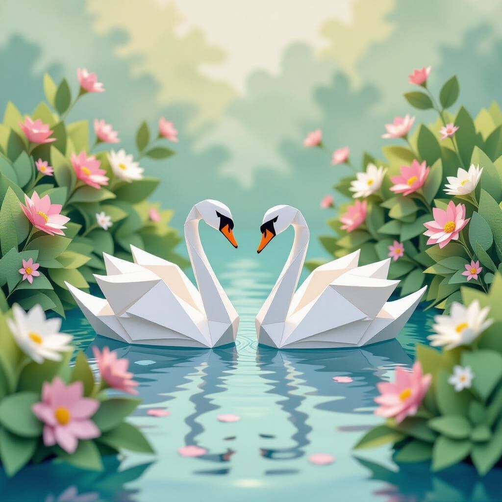 Origami Swans in Watercolor Style
