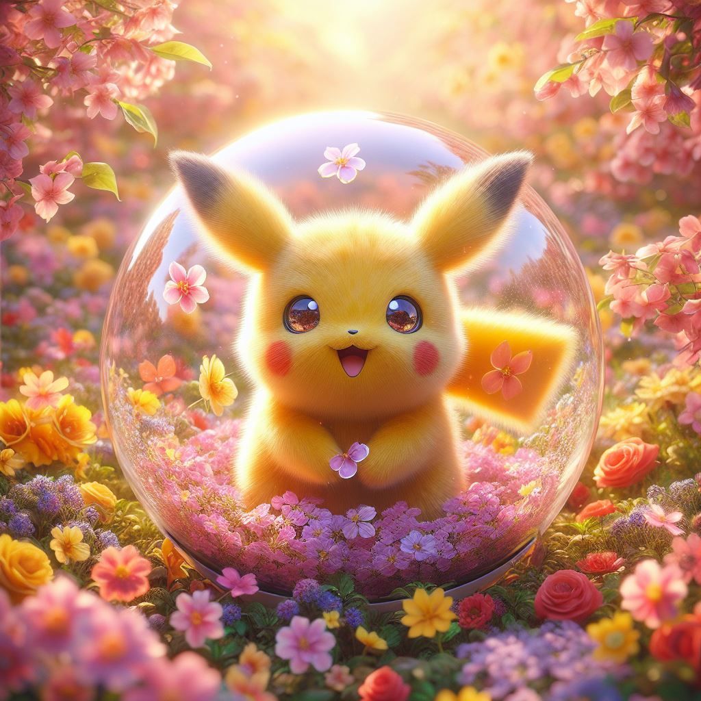 Scenes within Scenes - Cute Fuzzy Pikachu in a Glass Orb in a Beautiful Flower Garden