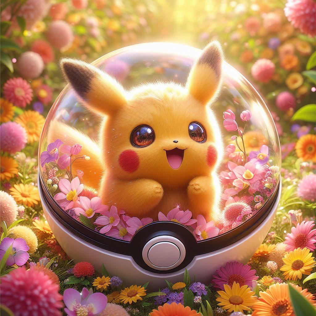 Scenes within Scenes - Cute Fuzzy Pikachu in a Transparent Pokeball in a Beautiful Flower Garden