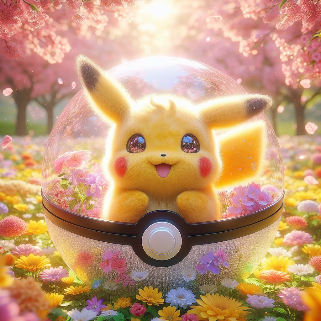 Scenes within Scenes - Cute Fuzzy Pikachu in a Transparent Pokeball in a Beautiful Flower Garden