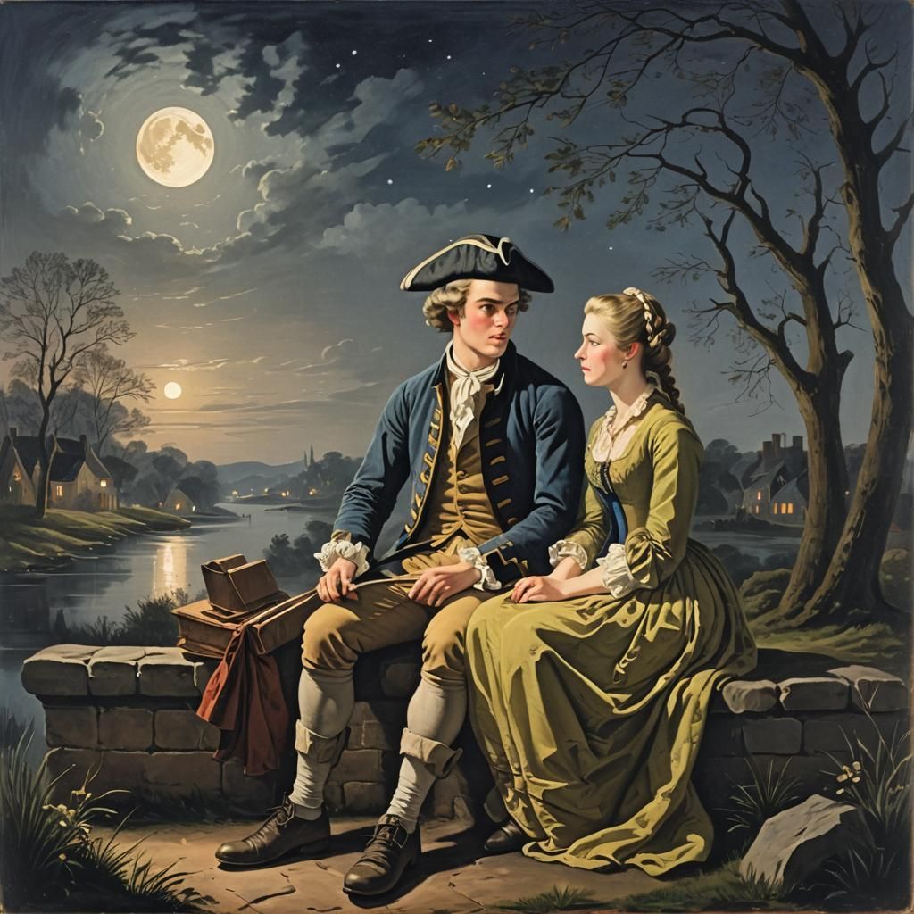 Moonlit Romance: Couple Admiring Moonlight in 1760s