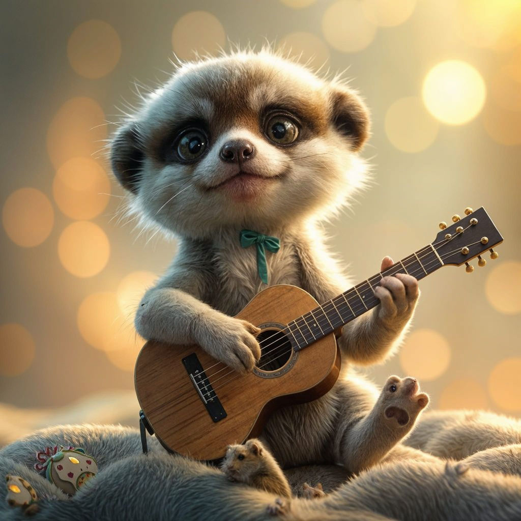 "A cute anime-style delicate  meerkat, with soft, fluffy fur, playing an acoustic guitar with a gentle ...  by @CegoMetal
