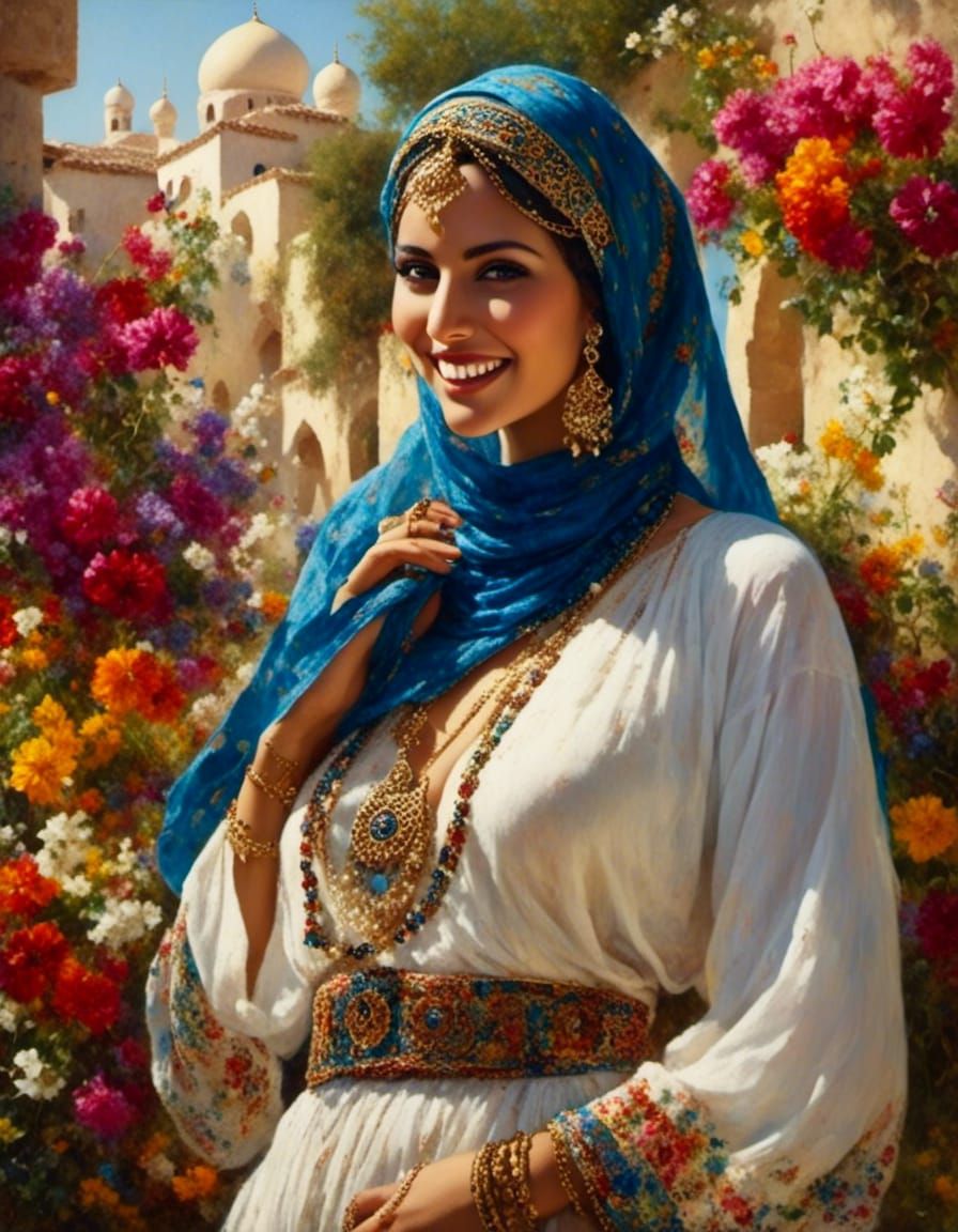 Beautiful Arab woman in a harem, 25 year old beautiful woman in full body)  )) Incredibly complex photo with a stunning smile, shot on a S... - AI  Generated Artwork - NightCafe Creator