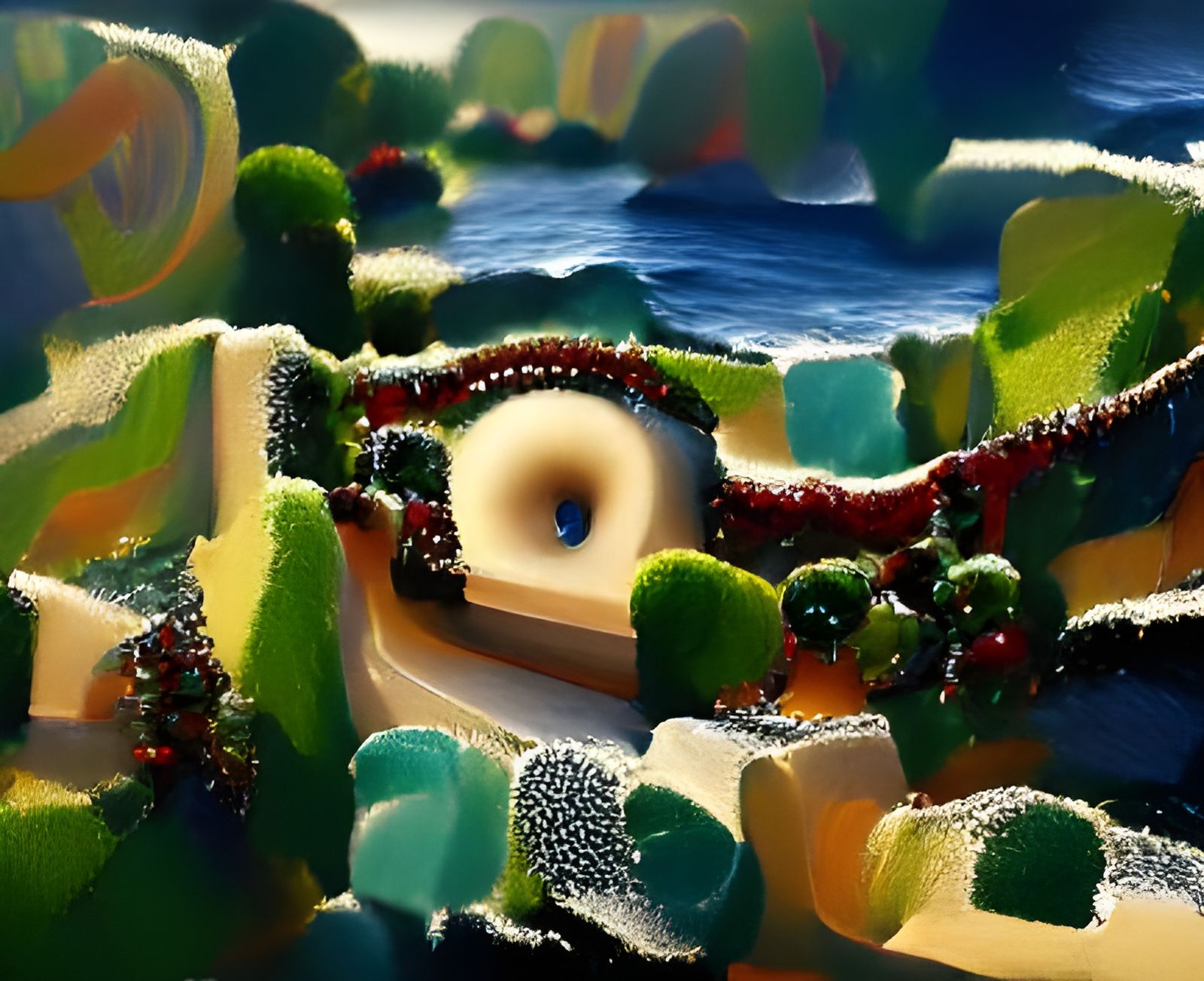 hedge maze; winding road; ocean; jewels