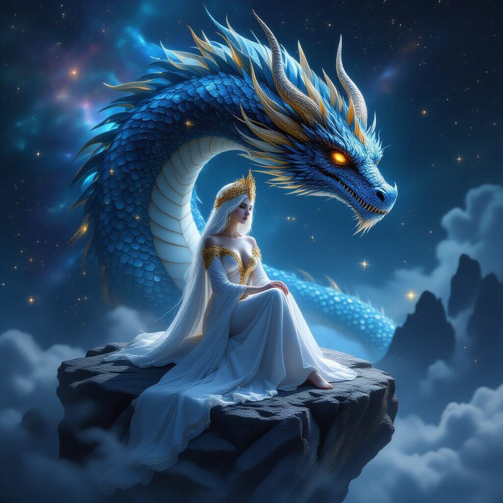 A hyper-realistic and dramatic digital painting of a serene, pale-skinned goddess with a golden headdress, sitting on a floating rock. She i...