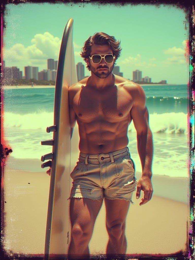 <lora:GlitchRetro:1.0> glitchcore glitch effects glitch lines retro surfer man portrait digital glitch muted colors full portrait realism a...