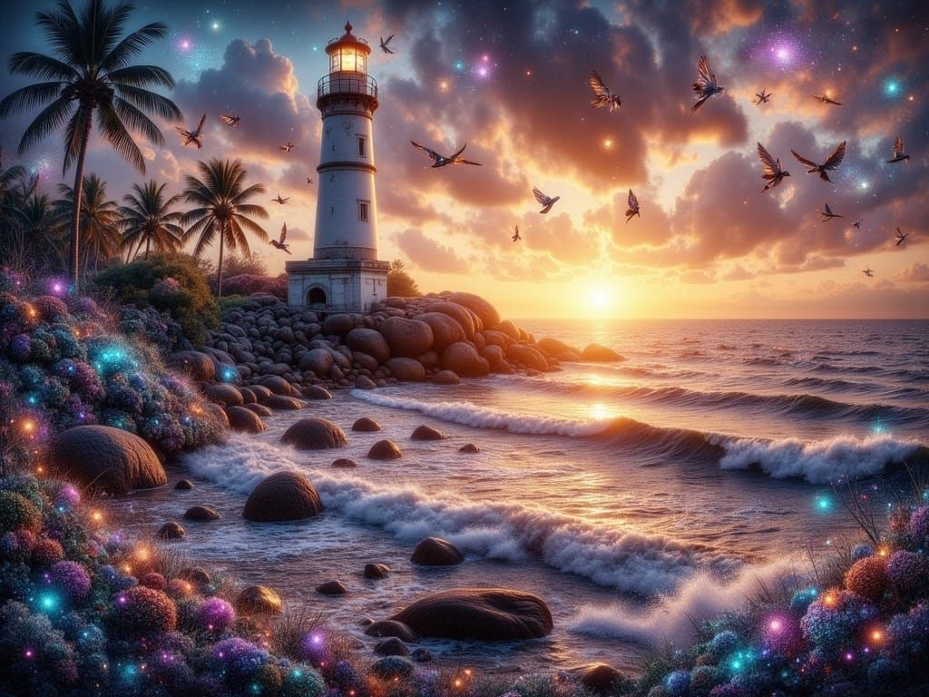  <lora:FiosMysticAura:1.0> A seascape featuring a lighthouse at sunset.
