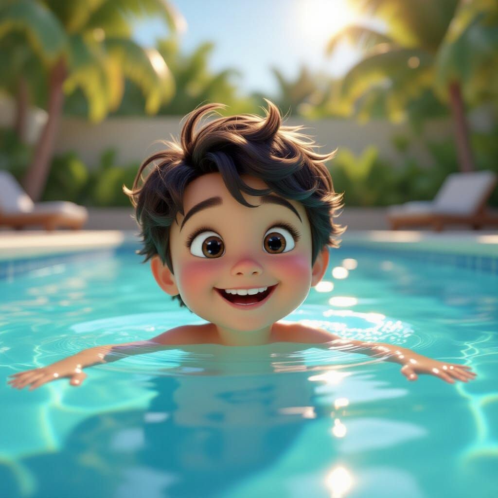 Joyful Child Splashing in Sunlit Pool, Pixar Style