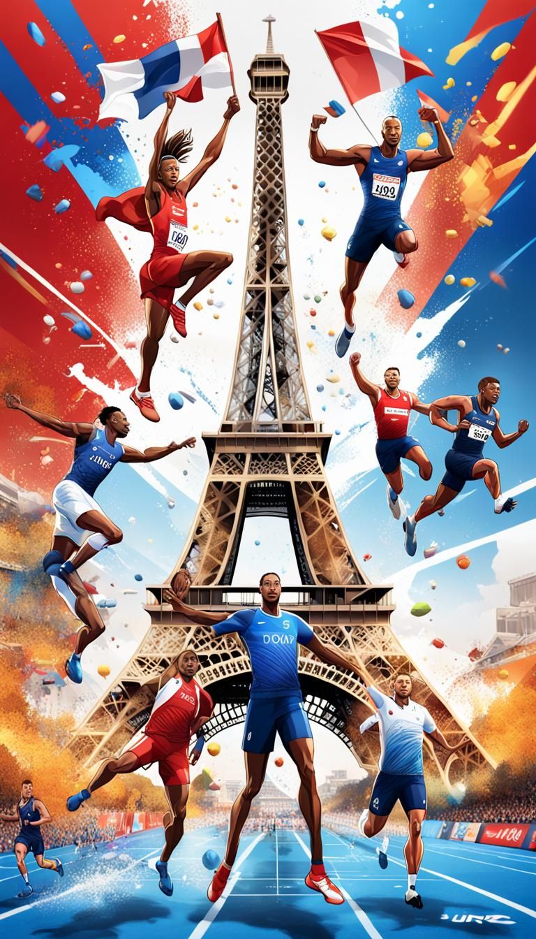 Comic style poster of France 2024, with the Eiffel Tower and...