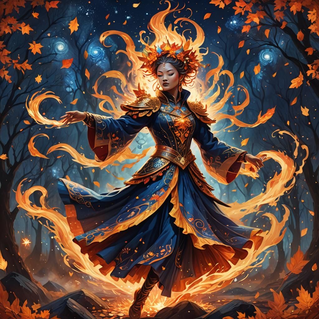 Fantasy Dancer in Flames and Autumn Leaves