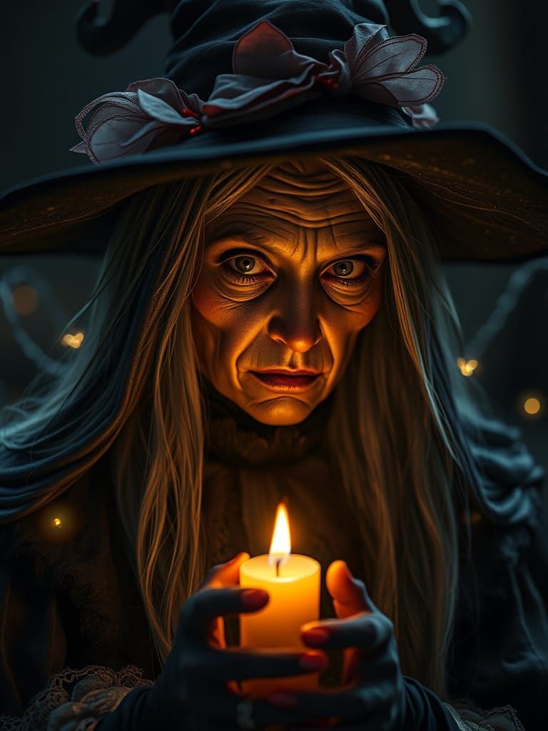 Witch, dark, highly detailed, hyper-realistic masterpiece, character design, volumetric lighting, fairy lights, intricate detail, ultra-real...