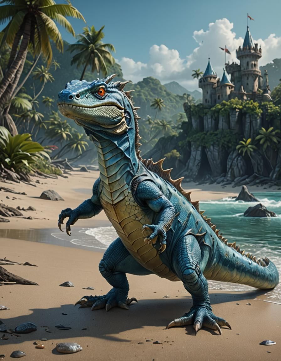Aquatic werelizard on a beach. Jungle in background. Wears m...