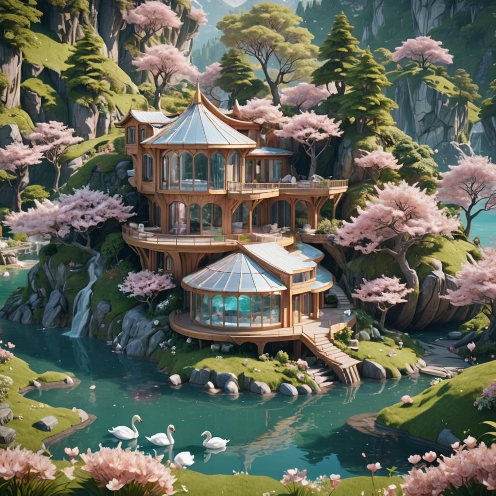 A fantasy round and large futuristic house made of wood and ...